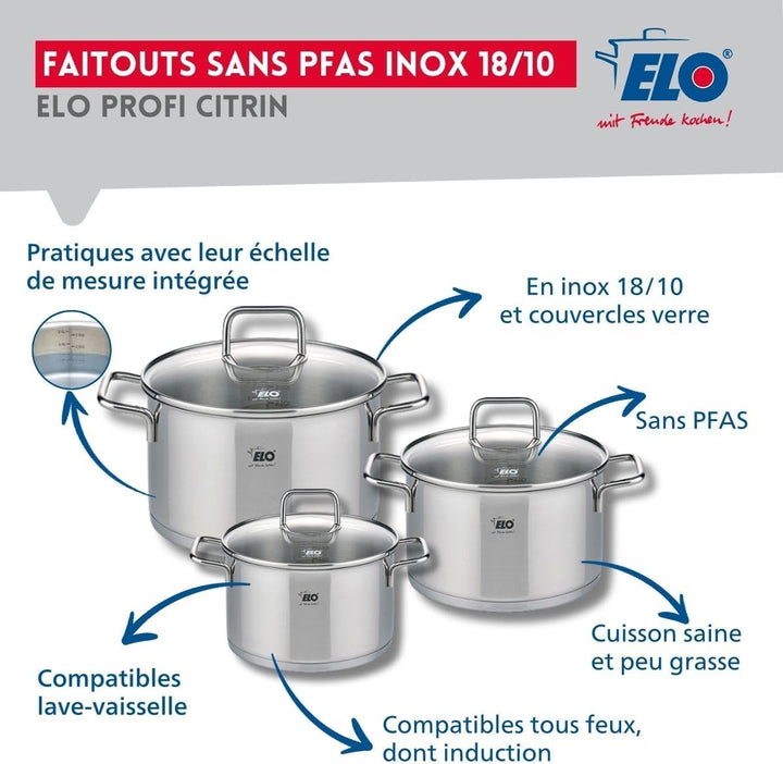 ELO 9500550 Kochgeschirr-Set, 4-teilig, 1 Bratpfanne 32 cm und 3 Kochtöpfe 14, 16 und 20 cm Elo Prof