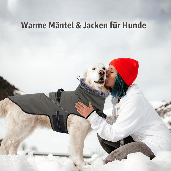 LIANZIMAU Wasserdichter Hundemantel mit Geschirr Wintermantel Hundepullover Fleece Reflektierende Hu
