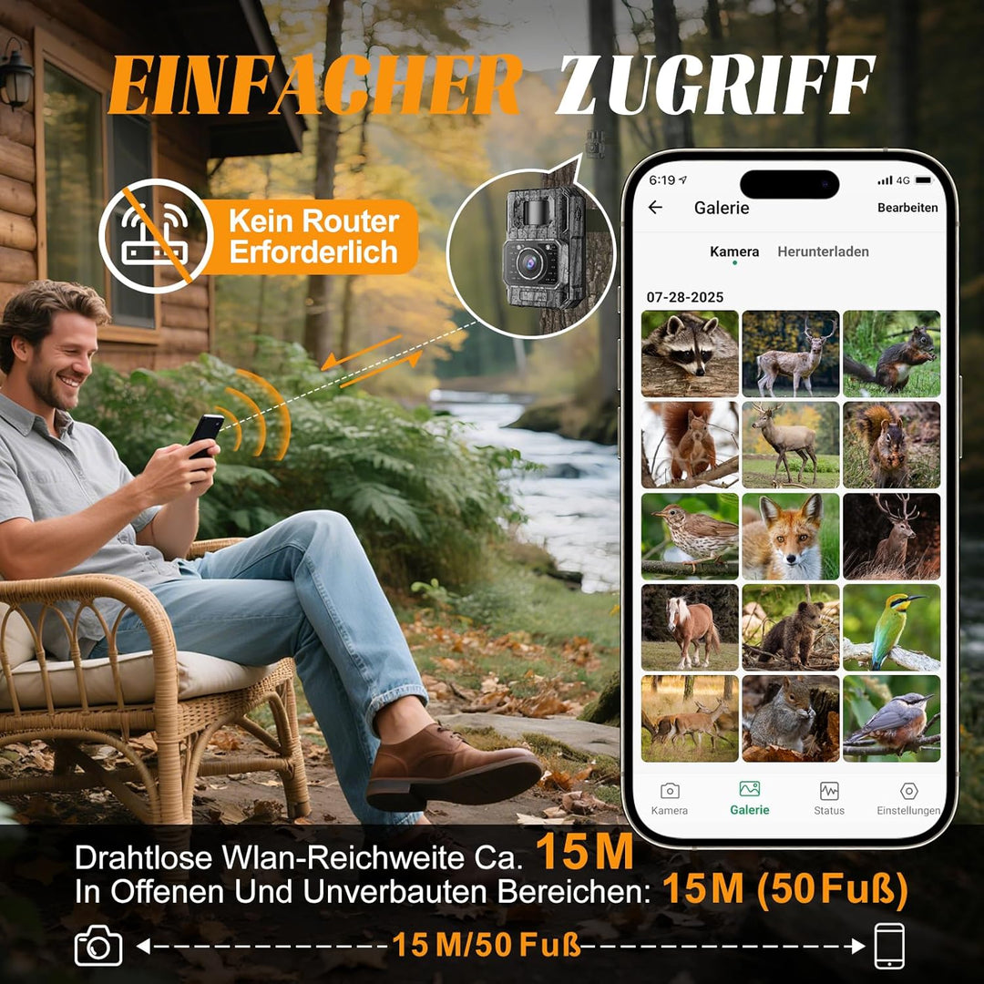 MAXDONE Wildkamera mit Handyübertragung APP - Wildtierkamera 4K 64MP HD mit WLAN Bluetooth Bewegungs