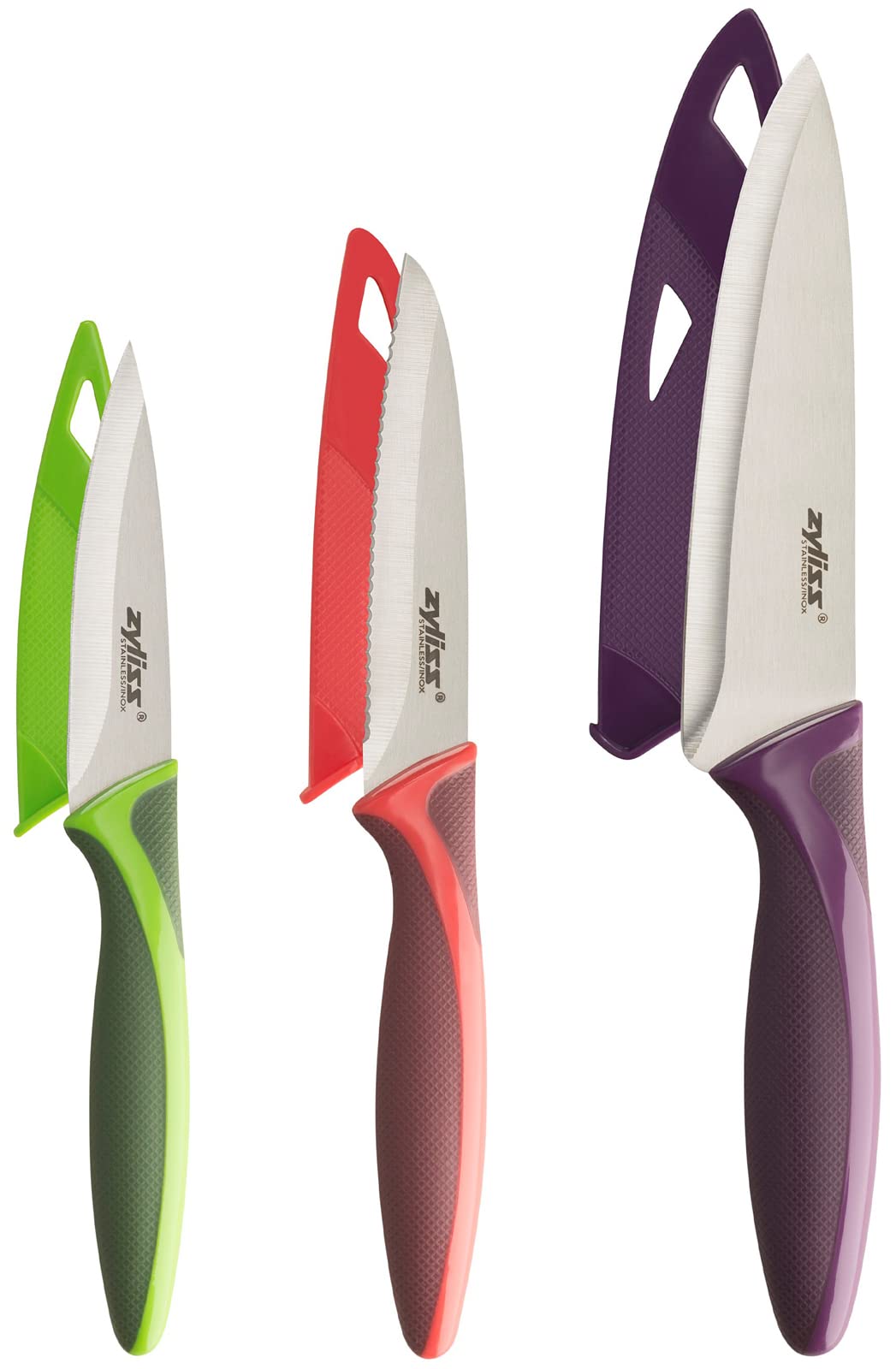 Zyliss E72404 Messer Set 3-Teilig, 9cm/10cm/14cm, Grün/Rot/Lila, Küchenmesser-Set Allzweckmesser/Sch