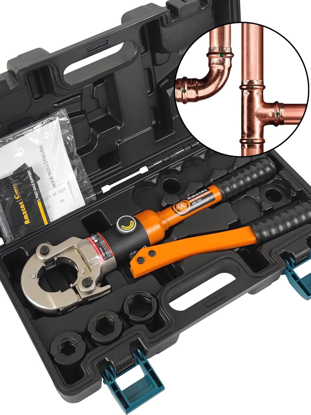 AMZCNC Profi Presszange V-Kontur 12-15-18-22-28 Set Presswerkzeug mit 180° drehbarem Kopf,für Kupfer