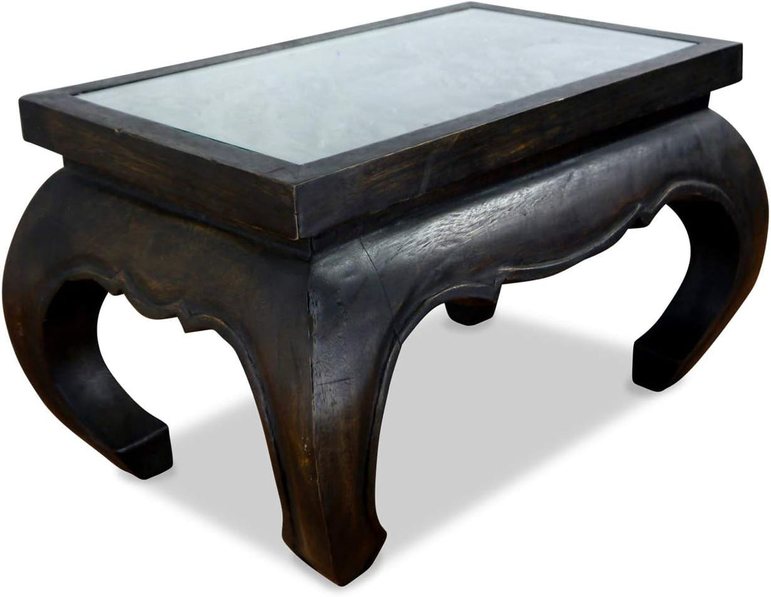 livasia Opiumtisch Glasplatte, Beistelltisch, Couchtisch aus Massivholz mit Elefantenschnitzerei (sc