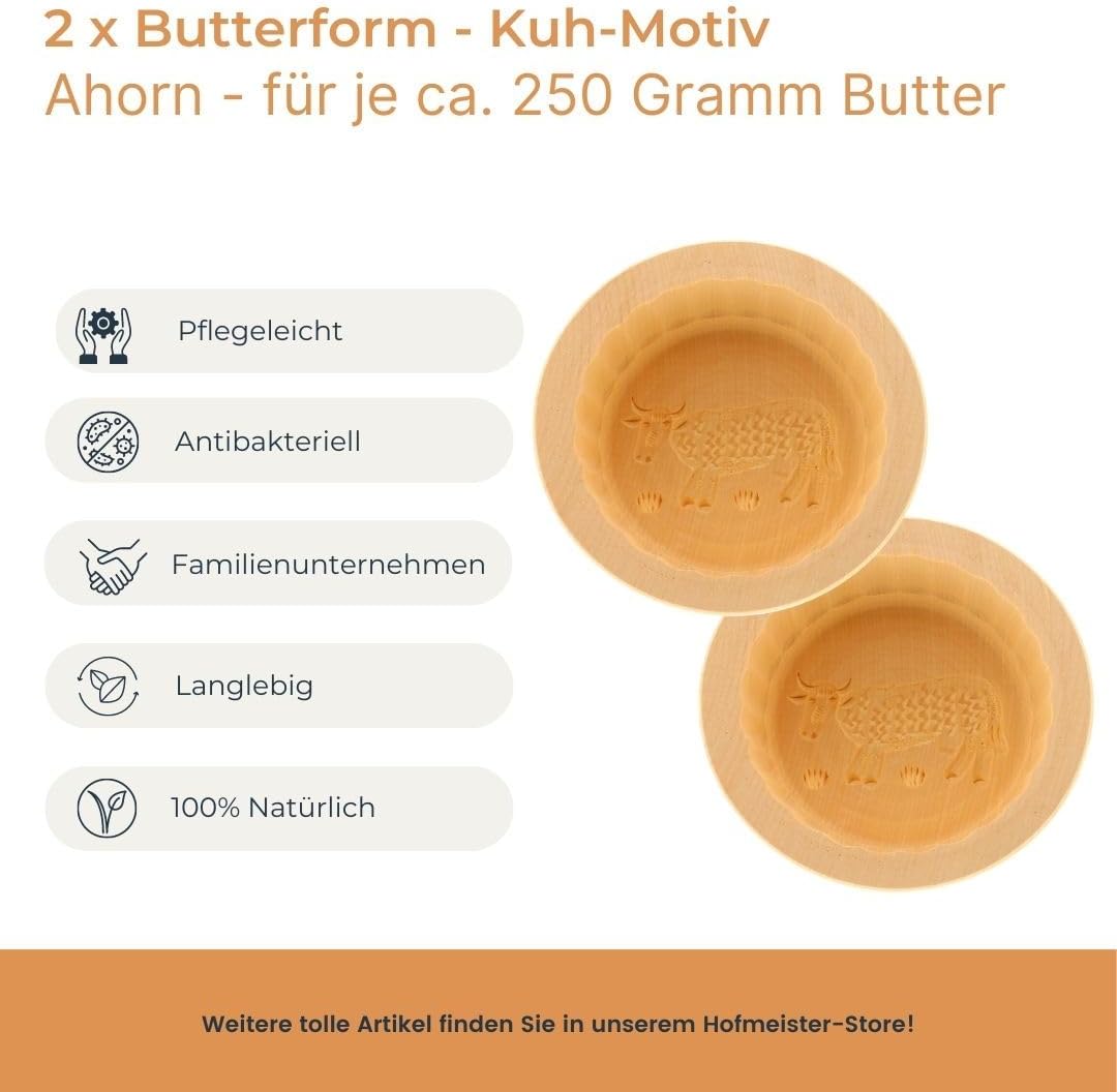 2X HOFMEISTER® Butterform, für 250 g Butter, 11 cm, Kuh, handgeschnitzt in Deutschland, Butter-Form