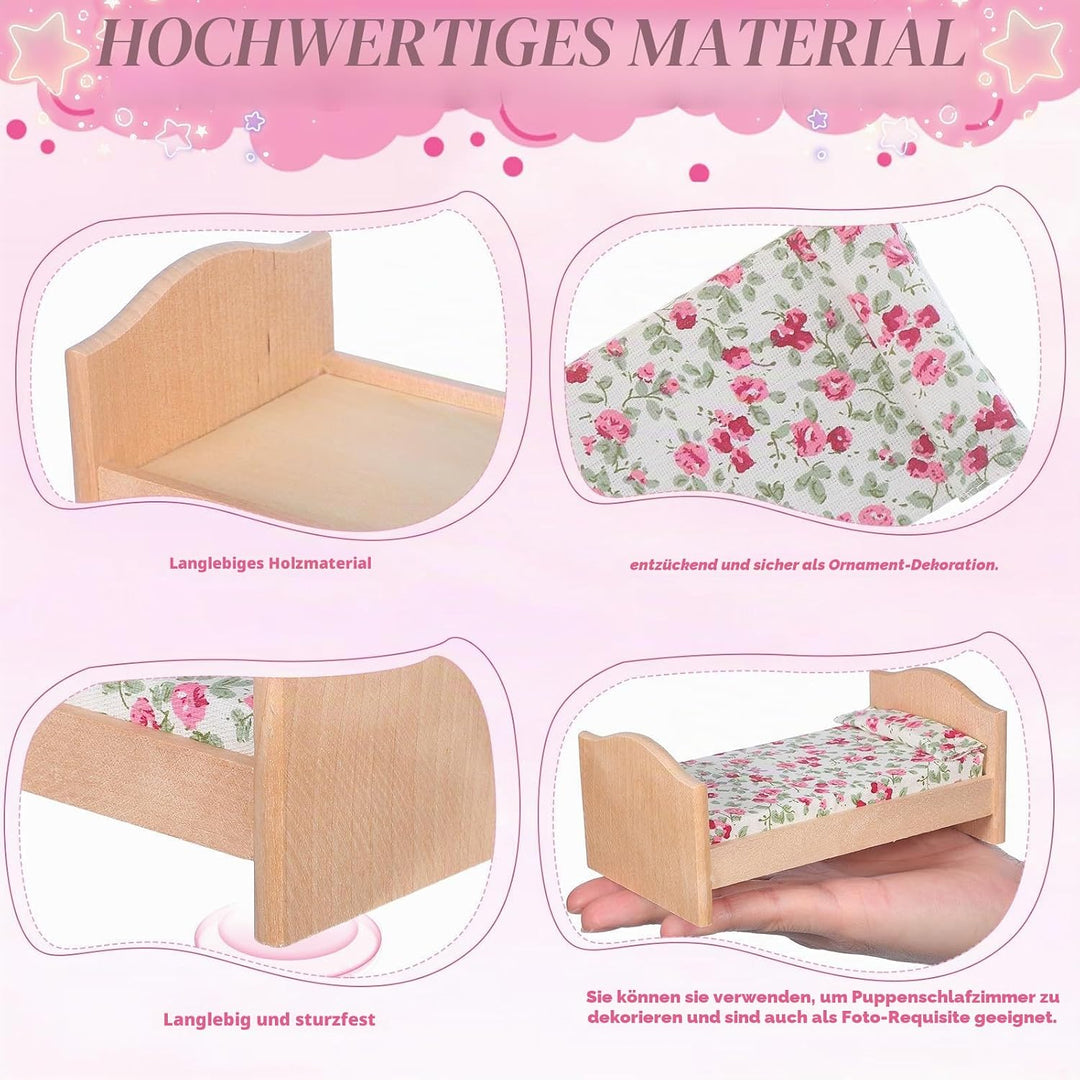Kisangel 1 Set 1:12 Skala Mini-holzpuppenbett mit Rosenmuster Bettwäsche - Puppenhausmöbel für Puppe