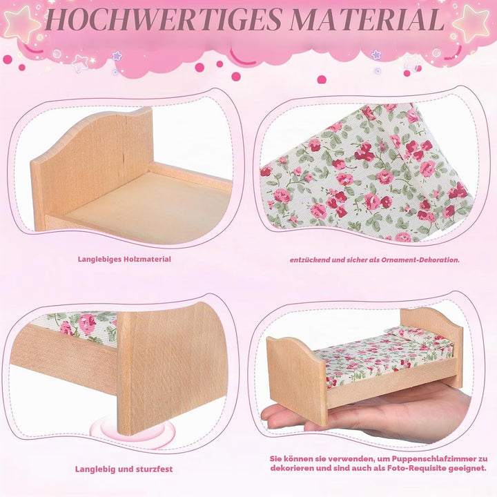 Kisangel 1 Set 1:12 Skala Mini-holzpuppenbett mit Rosenmuster Bettwäsche - Puppenhausmöbel für Puppe