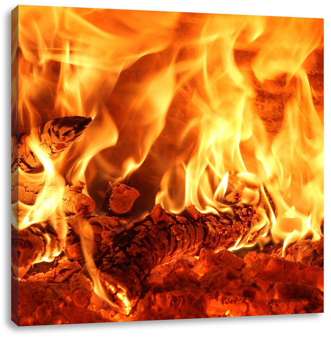 Gemütliches Holz im Feuer, Format: 70x70 auf Leinwand, XXL riesige Bilder fertig gerahmt mit Keilrah