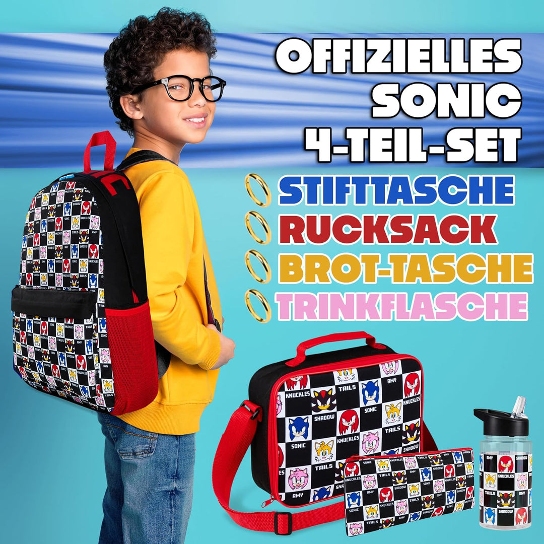 Get Trend Sonic THE Hedgehog Rucksack Kinder Jungen 4er Set mit Trinkflasche Kinder Federmäppchen Lu