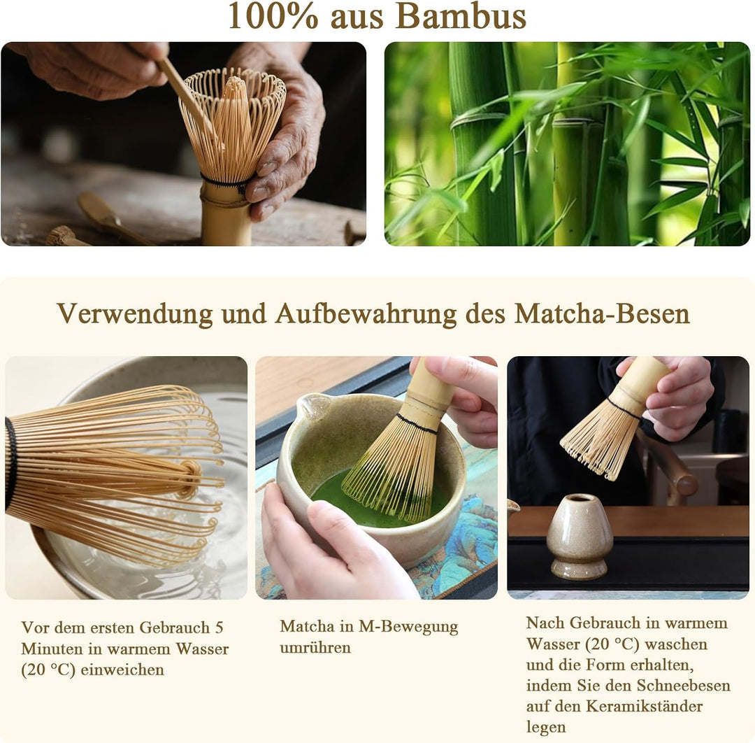 Matcha Set Handgedrehtes Macha Tea Set mit Bambus Matcha Besen, Keramik Matcha Schale, Löffel und Ha