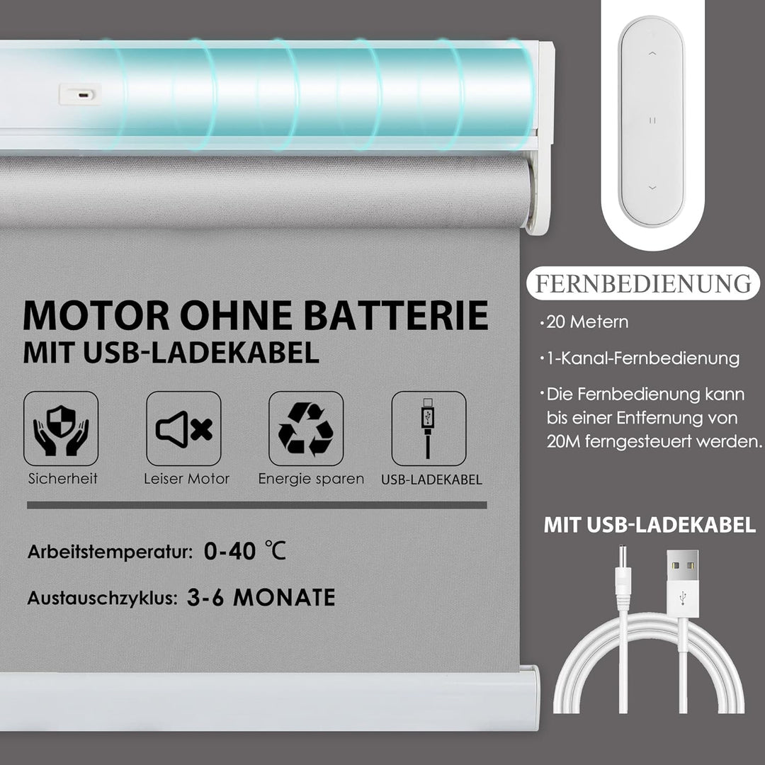 HOMEDEMO Elektrische Rollos Wiederaufladbare Verdunklungsrollo mit Motor & Fernbedienung, Grau 45x11