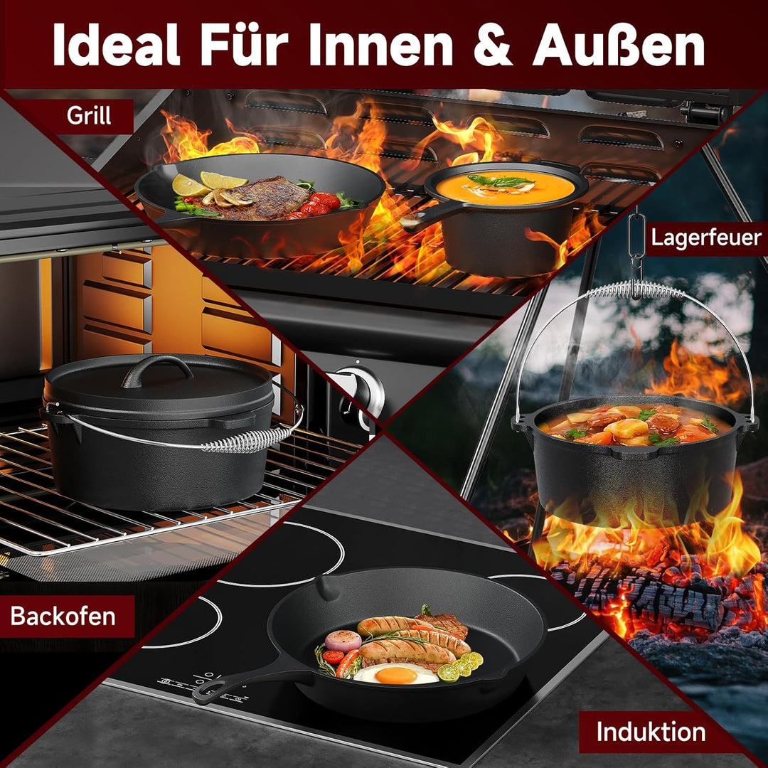 HOMELUX 10-teilig Dutch Oven Set in Holzkiste mit 4,5L Dutch Oven Topf &amp; 3,6L Saucier – Inkl. Grillp