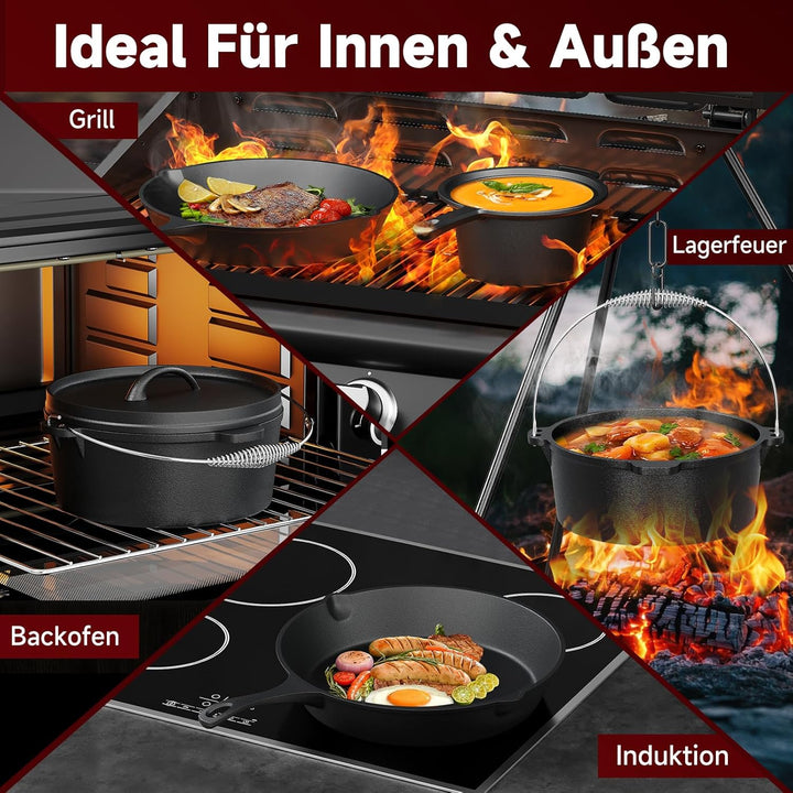 HOMELUX 10-teilig Dutch Oven Set in Holzkiste mit 4,5L Dutch Oven Topf &amp; 3,6L Saucier – Inkl. Grillp