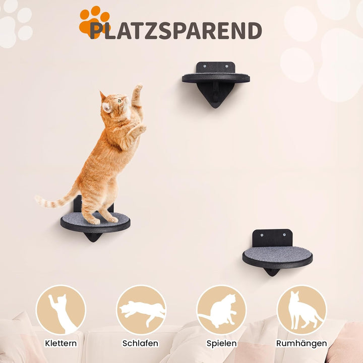 XL Premium Kletterwand Katzen aus Birkenholz | 3er-Set Katzentreppen mit Kratzflächen | Wandmontage