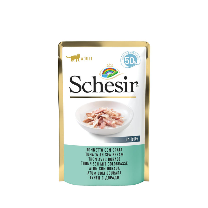 Schesir Cat Jelly Thunfisch mit Goldbrasse, Katzenfutter nass, 30 Beutel x 50 g Thunfisch mit Goldbr