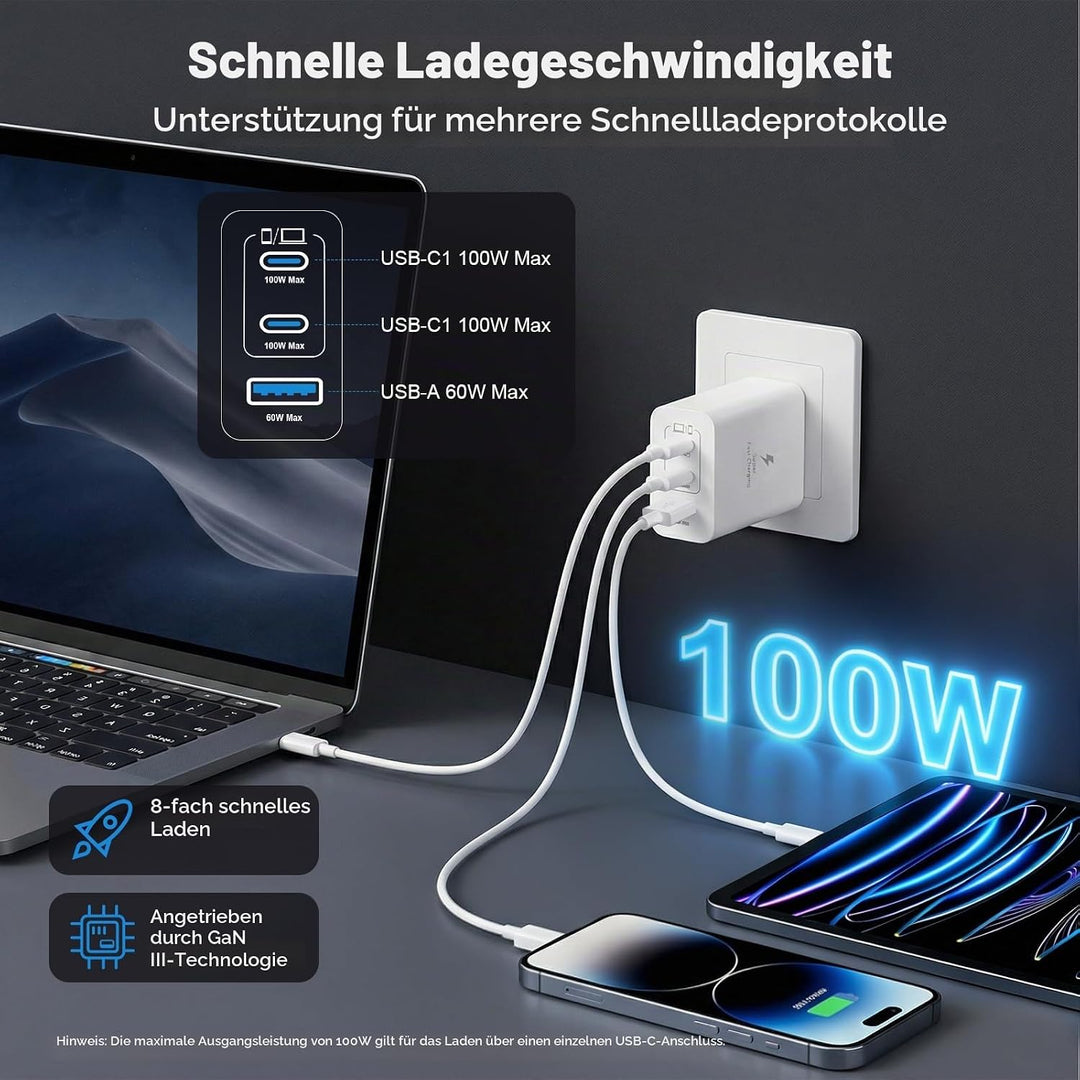 100W USB C Ladegerät, 3-Port GaN Schnellladegerät mit USB C &amp; Lightning Kabel Mehrfach Ladegerät Kom
