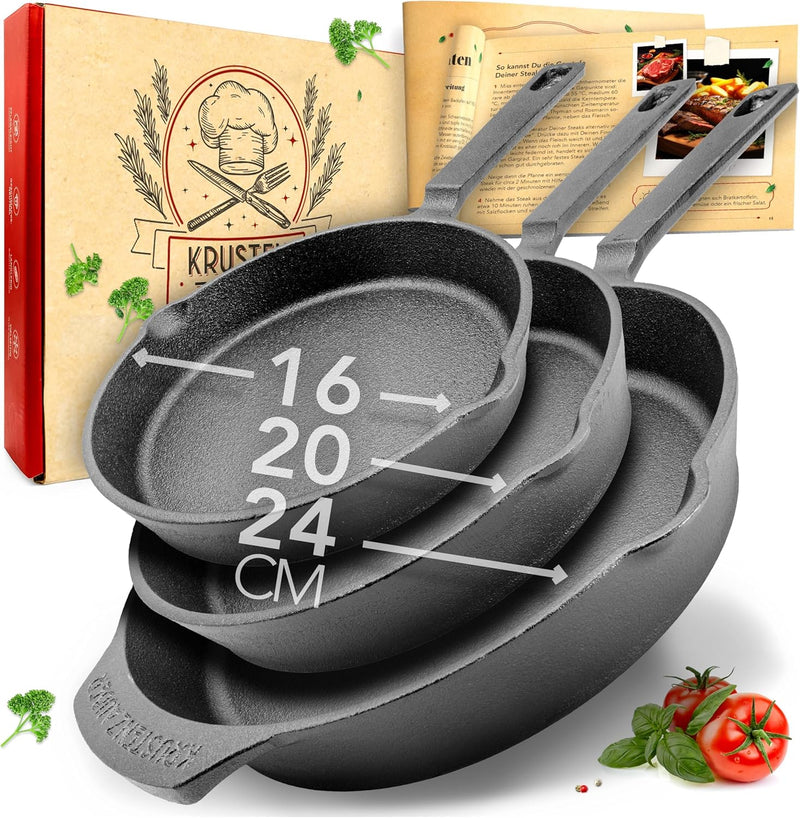 KRUSTENZAUBER 16+20+24cm Gusseisenpfannen Induktion - Voreingebrannte Gusseisen Pfannen - Ideale Gri