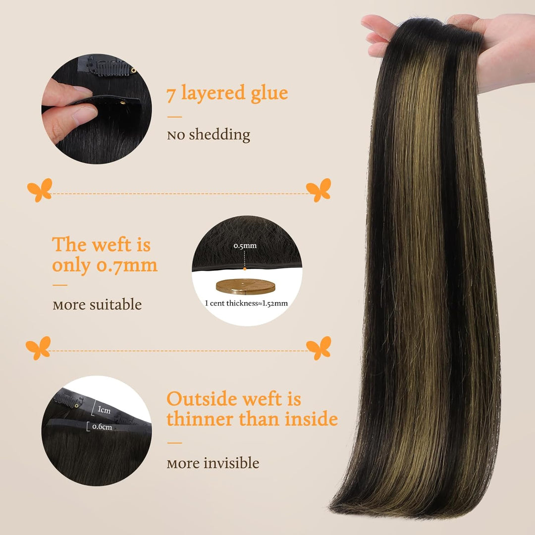 DOORES Clip in Extensions Echthaar, Balayage Natürliches Schwarz bis Chestnut Braun 35cm 14 Zoll 7 S
