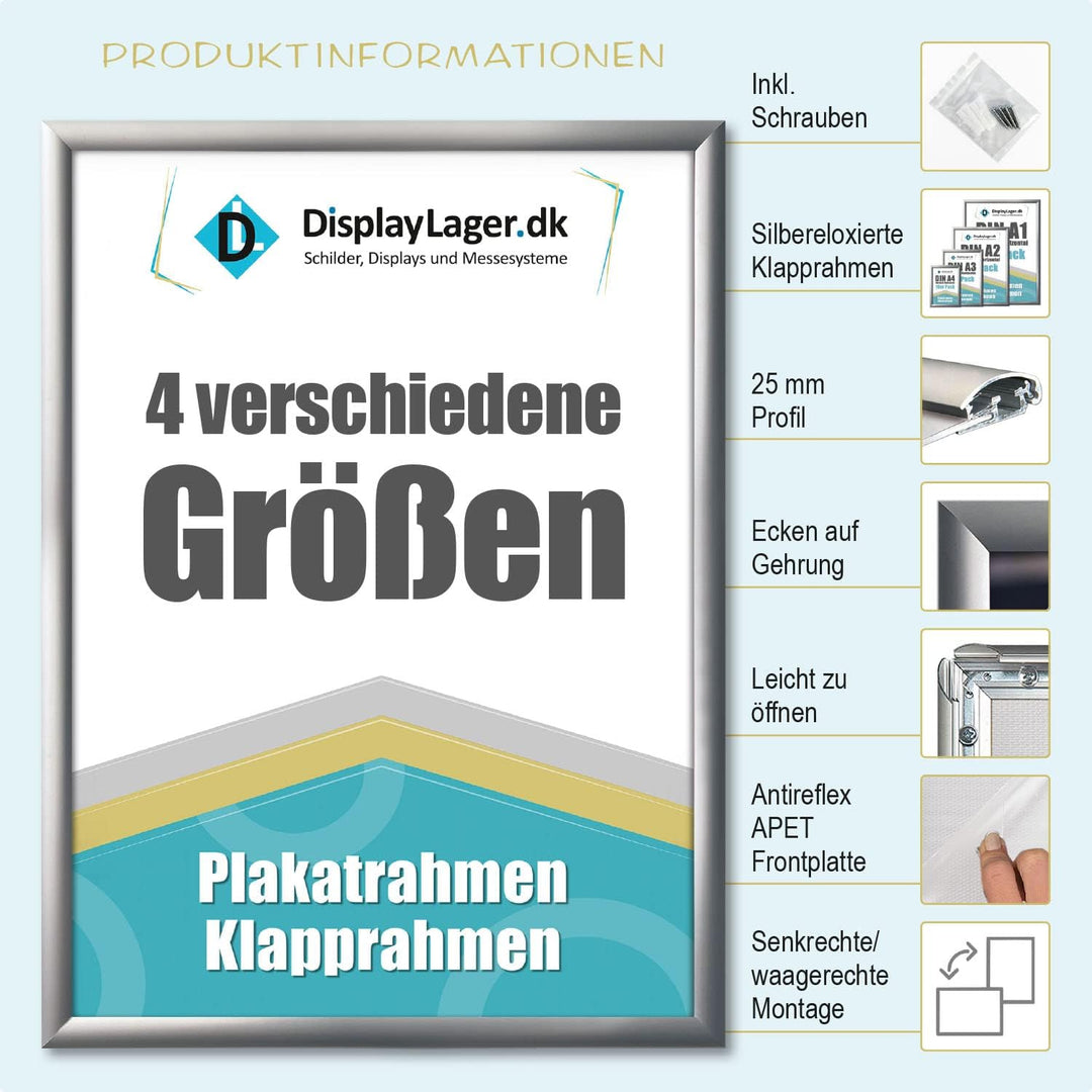 DisplayLager, Dänische Qualität - 10'er Sparpack Silber DIN A4 Klapprahmen mit 25mm Aluminium Profil