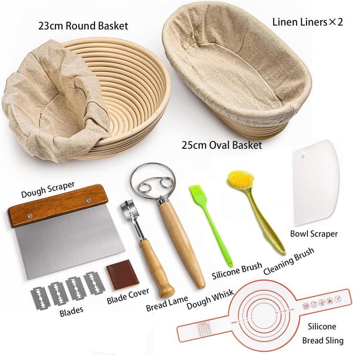 Gärkorb Set, Gärkörbchen mit Silikon Backmatte, 23cm Runde und 25cm Ovale Gähr Körbchen, Brotkörbche
