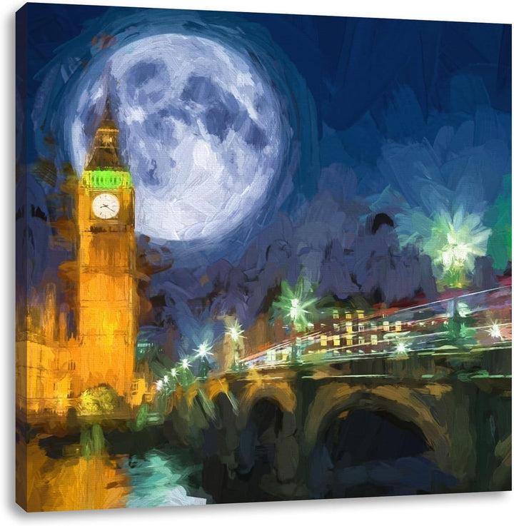 Pixxprint Big Ben vor dem Mond in London, Format: 70x70 auf Leinwand, 70x70
