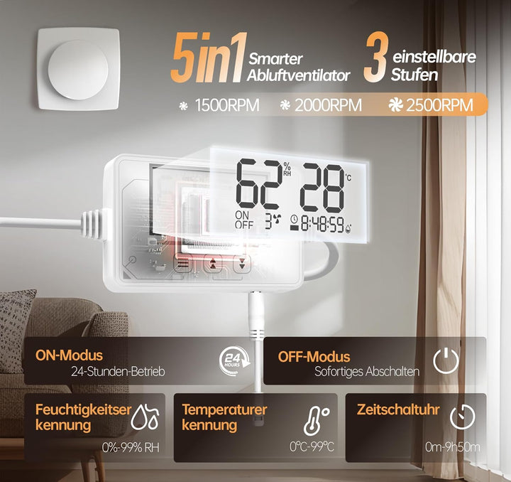 SBONNI Badlüfter mit Feuchtigkeitssensor Temperatursensor Timer - 3 Stufen WC Lüfter 100mm mit Fernb