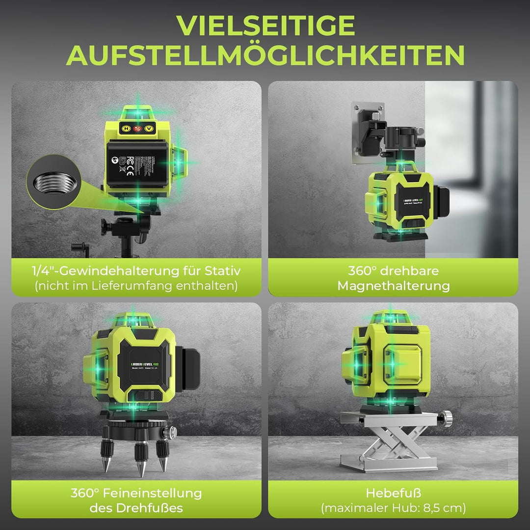 Kreuzlinienlaser Grün 4×360° – 16 Linien, 2x 2400mAh Selbstnivellierend, Kompakt & Mobil, Inklusive