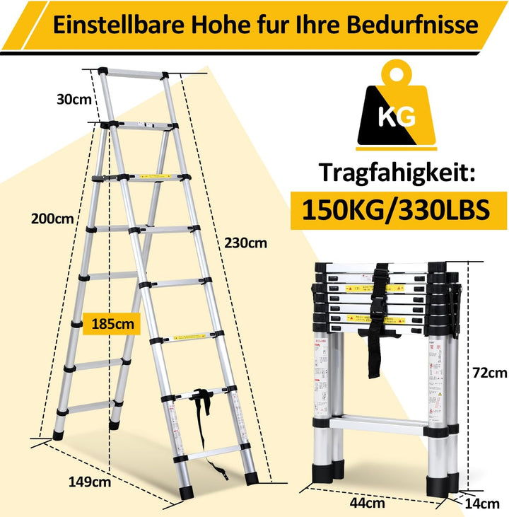 Fiqops 2+2.3M Klappleiter Teleskopleiter, A-Rahmen 6+7 Sprossen Aluminiumleiter, Rutschfester Alulei
