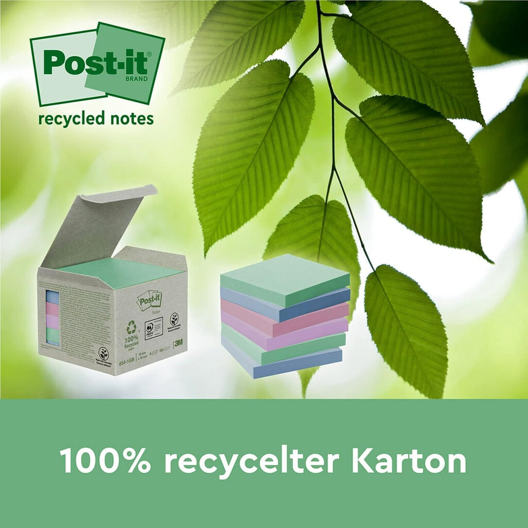 Post-it Recycling Notes, Assortierte Farben, Packung mit 16 Blöcken, 100 Blatt pro Block, 76 mm x 76