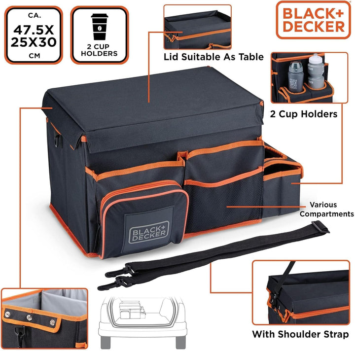 BLACK+DECKER Kofferraum-Organizer – 47,5 x 25 x 30 cm – mit Tragegurt – Getränkehalter – Grau/Orange