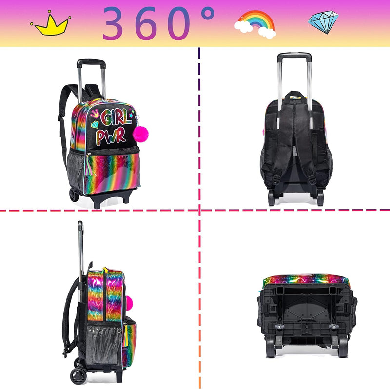 HTgroce Coole Mädchen Schwarz Trolley Rucksack 2 in 1 Kinderkoffer Rucksack with Lunchpaket Schreibw