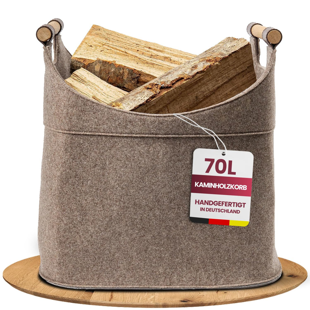 Filz Holzkorb für Kaminholz Gross [40 L] mit Echtholzhenkeln (Eiche) Plegeleichter Boden - Made in G