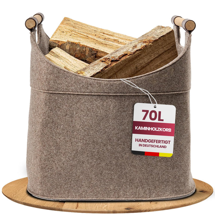 Filz Holzkorb für Kaminholz Gross [40 L] mit Echtholzhenkeln (Eiche) Plegeleichter Boden - Made in G