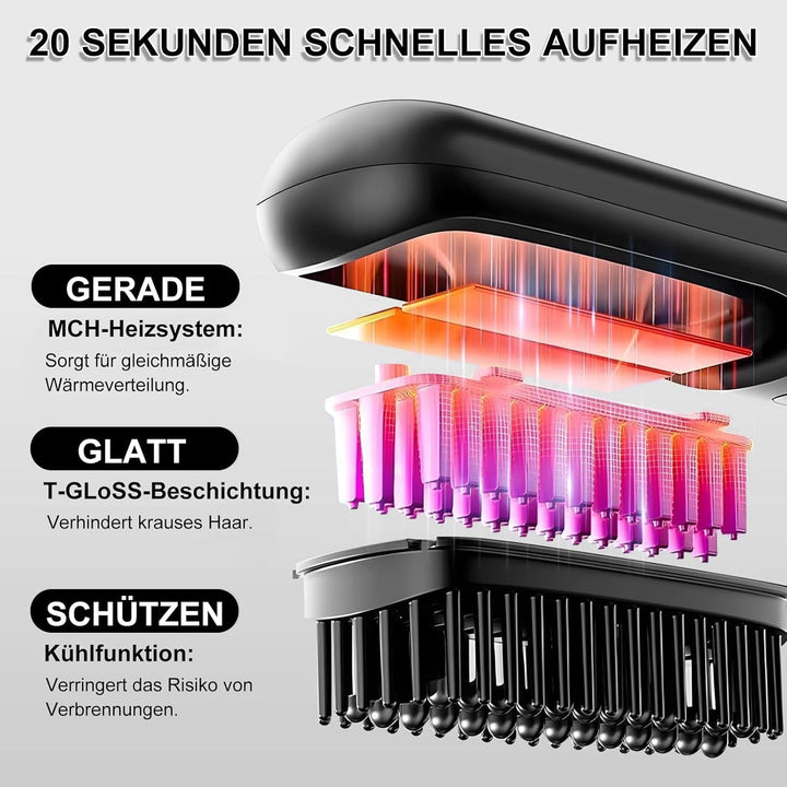 Kabellose Haarglätter Bürste - 3 Temperaturstufen, professionelle Keramikbeschichtung, Ionentechnolo