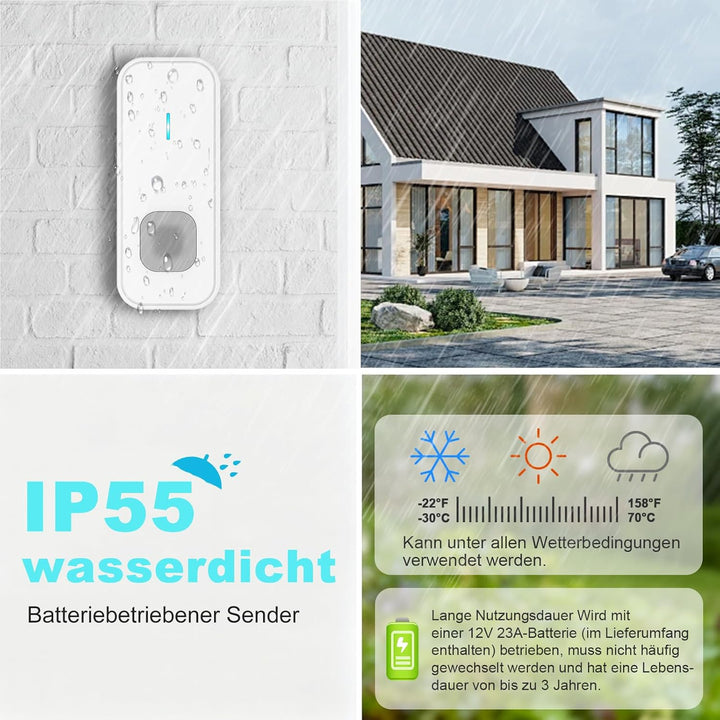 AIMAX Funkklingel mit 2 Sender und 1 Empfänger,klingel Haustür kit,400m Hohe Reichweite, IP55 Wasser