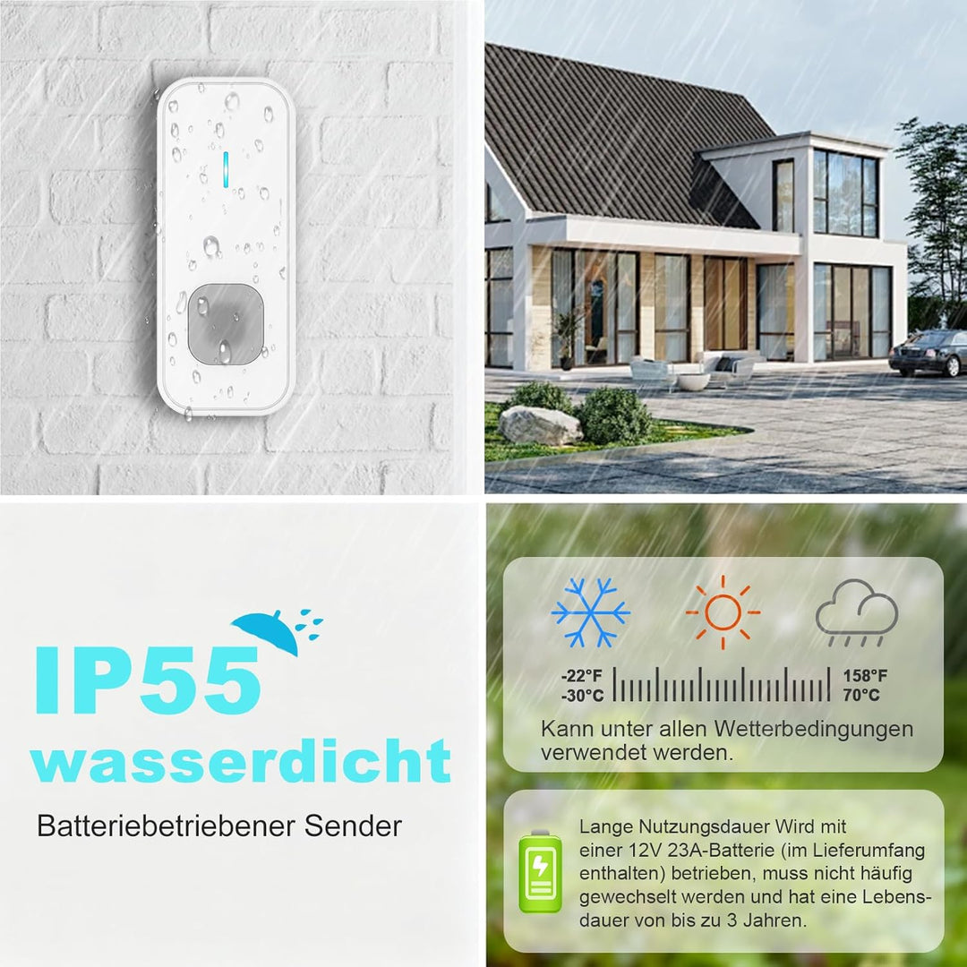 AIMAX Funkklingel mit 2 Sender und 3 Empfänger,klingel Haustür kit,400m Hohe Reichweite, IP55 Wasser