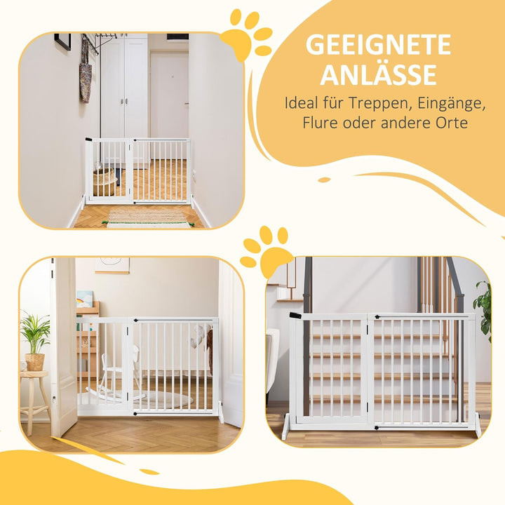 PawHut Absperrgitter Hund Freistehendes Verstellbares Schutzgitter mit Füssen 113-166 x 71 cm Holz H
