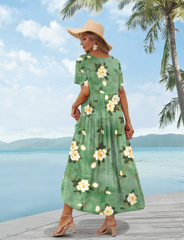 YESNO Damen Kleider Freizeit Lose Sommerkleid Lang Boho Maxikleid für Rundhals Strandkleid Blumenkle