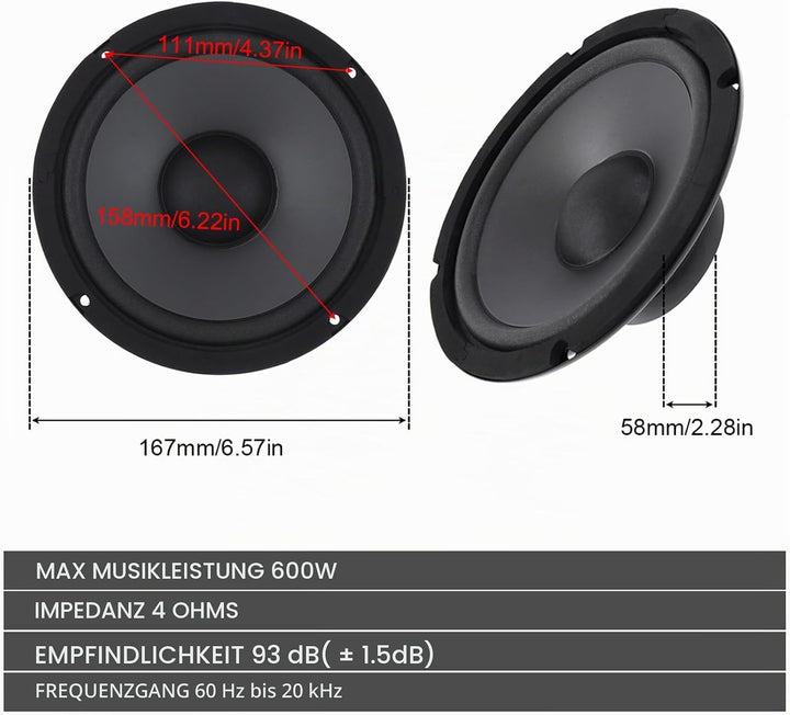 Shkalacar 1 Paar 6,5 Zoll Auto Stereo Lautsprecher, 600W HiFi Lautsprecher mit 2 Wege Lautsprecher,