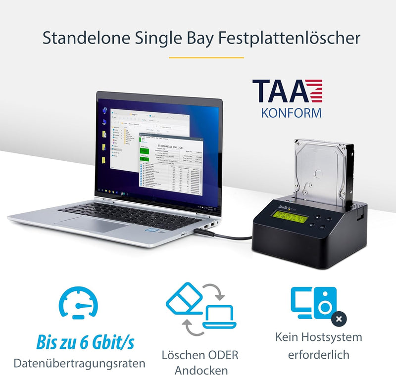 StarTech.com 1-Bay Festplatten Löscher, Selbständiges HDD/SSD Löschgerät, 4Kn, USB 3.0 auf SATA III