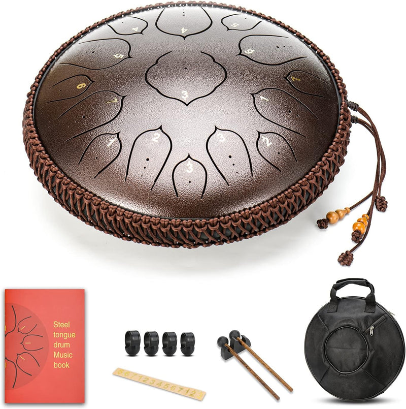 Amkoskr Stahlzungentrommel, 14 Zoll 35 cm Steel Tongue Drum, D-Dur 15 Noten, Handtrommel HandPan Dru