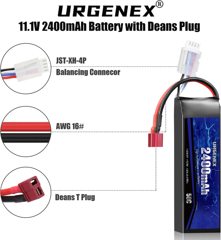 URGENEX 11.1V 2400mAh Lipo Battery 50C High Discharge Rate 3S RC Batteries with Deans T Plug Fit for