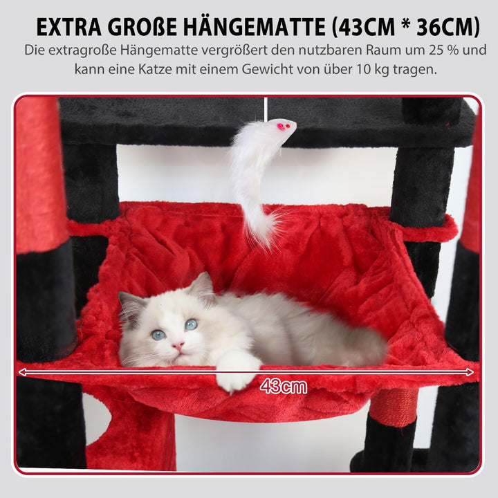 Globlazer Kratzbaum Gotisch Schwarz Rot Grosse hoch 178 cm mit Hängematte Weich, 2 Katzenhaus, Gepol