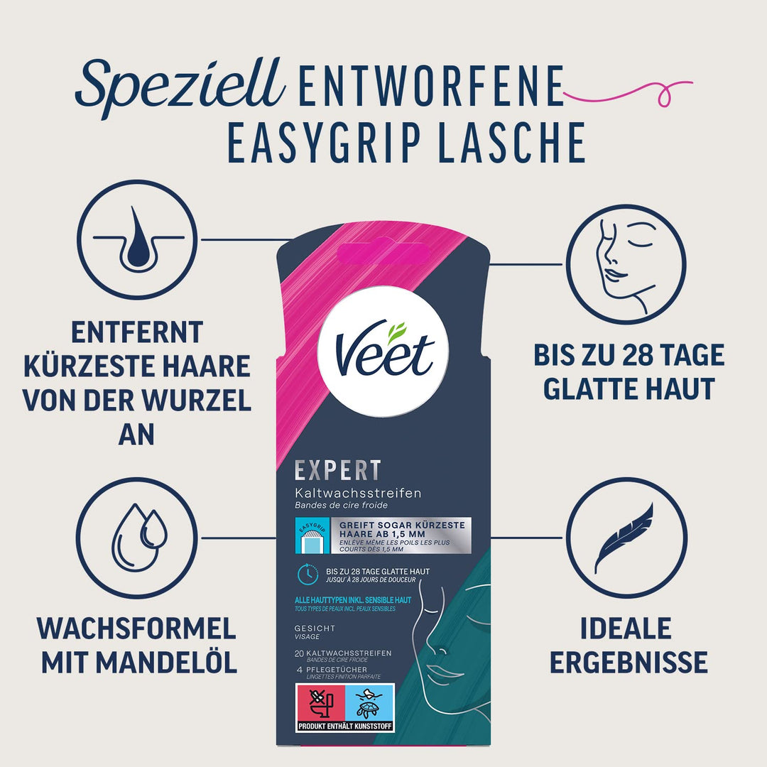 Veet Expert 40 Kaltwachsstreifen Körper & Beine + 20 Kaltwachsstreifen Gesicht zur Haarentfernung fü
