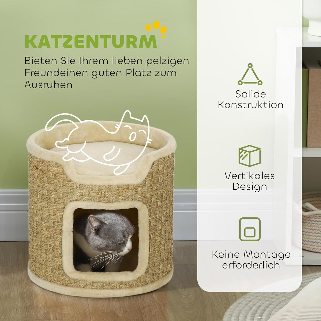 PawHut Kratztonne, 37 cm Hoch Katzentonne, Katzenhöhle mit Tür, Katzenhaus, Kratzbaum mit 2 Ebene, K