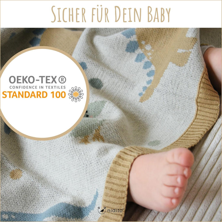 nidito Hochwertige Bio Babydecke Baumwolle Beige Dino - 100% GOTS Bio-Baumwolle - 80x100 cm - herrli