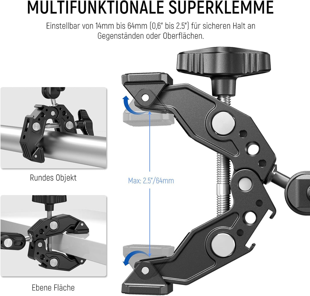 NEEWER SuperKlemme mit 3" Dual Kugelkopf Zauberarm, Cold Shoe, 1/4" 3/8" Gewinde, Handy/Action Kamer