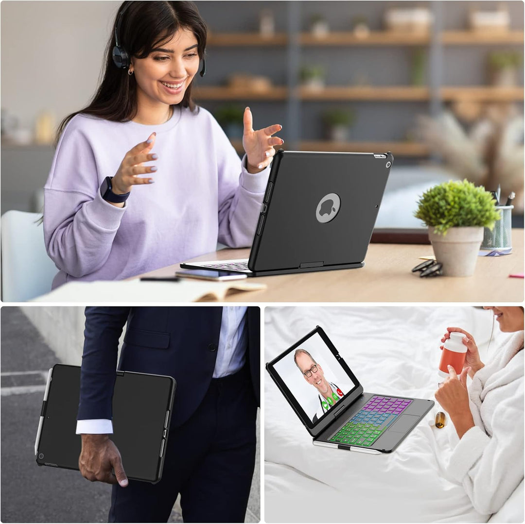 SZO iPad 10.2 Tastatur Hülle für iPad 9/8/7, Schwarz, Bluetooth, 360° Touchpad Flip Cover, 7 Hinterg