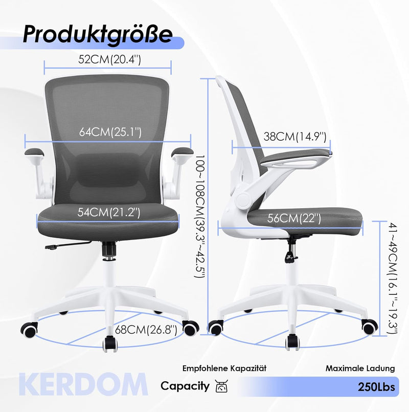 KERDOM Bürostuhl, Ergonomischer Schreibtischstuhl mit Klappbaren Armlehnen, 360° Drehstuhl Mesh Comp