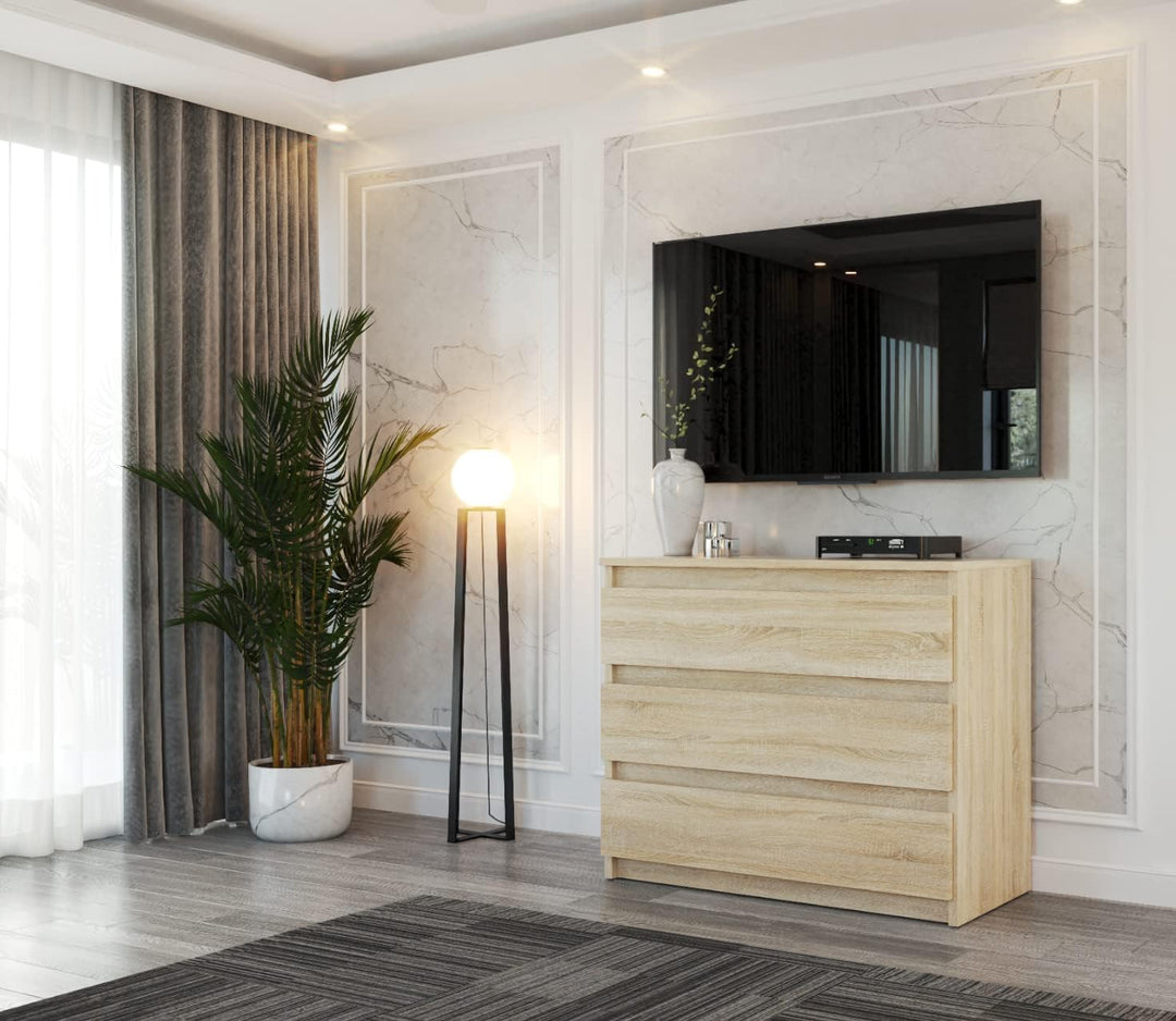 Kommode mit 3 Schubladen – Schmale Schlafzimmer Kommode, Modernes Sideboard Holz - Sonoma – 80 x 71,