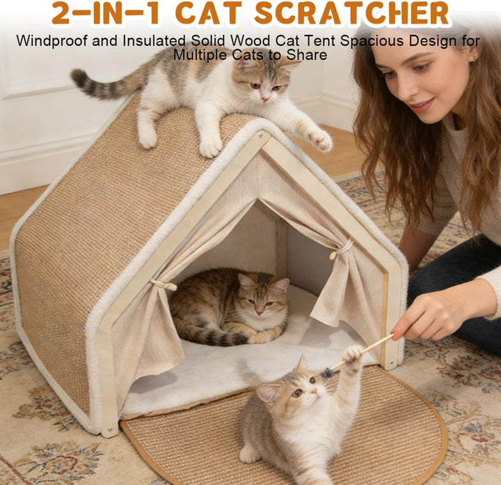 2-in-1 Katzenhaus mit Kratzbrett, Holz katzenzelt &amp; Sisal Kratzfläche als Gemütliche Katzenhöhle für
