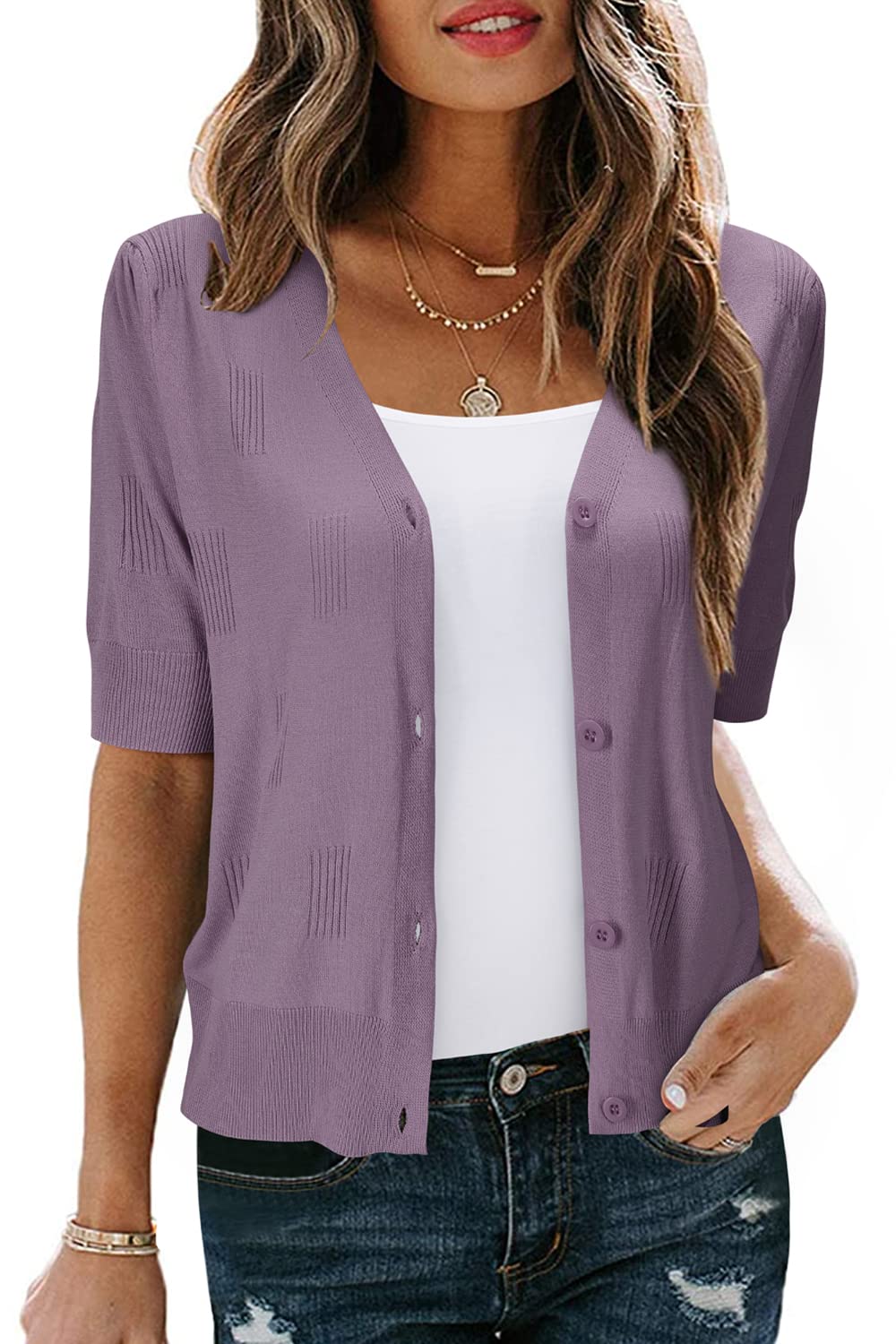 VOTEPRETTY Damen Strickjacke Sommer Kurzarm Cardigan V Ausschnitt Leichte Solid Top Elegant Bolero S